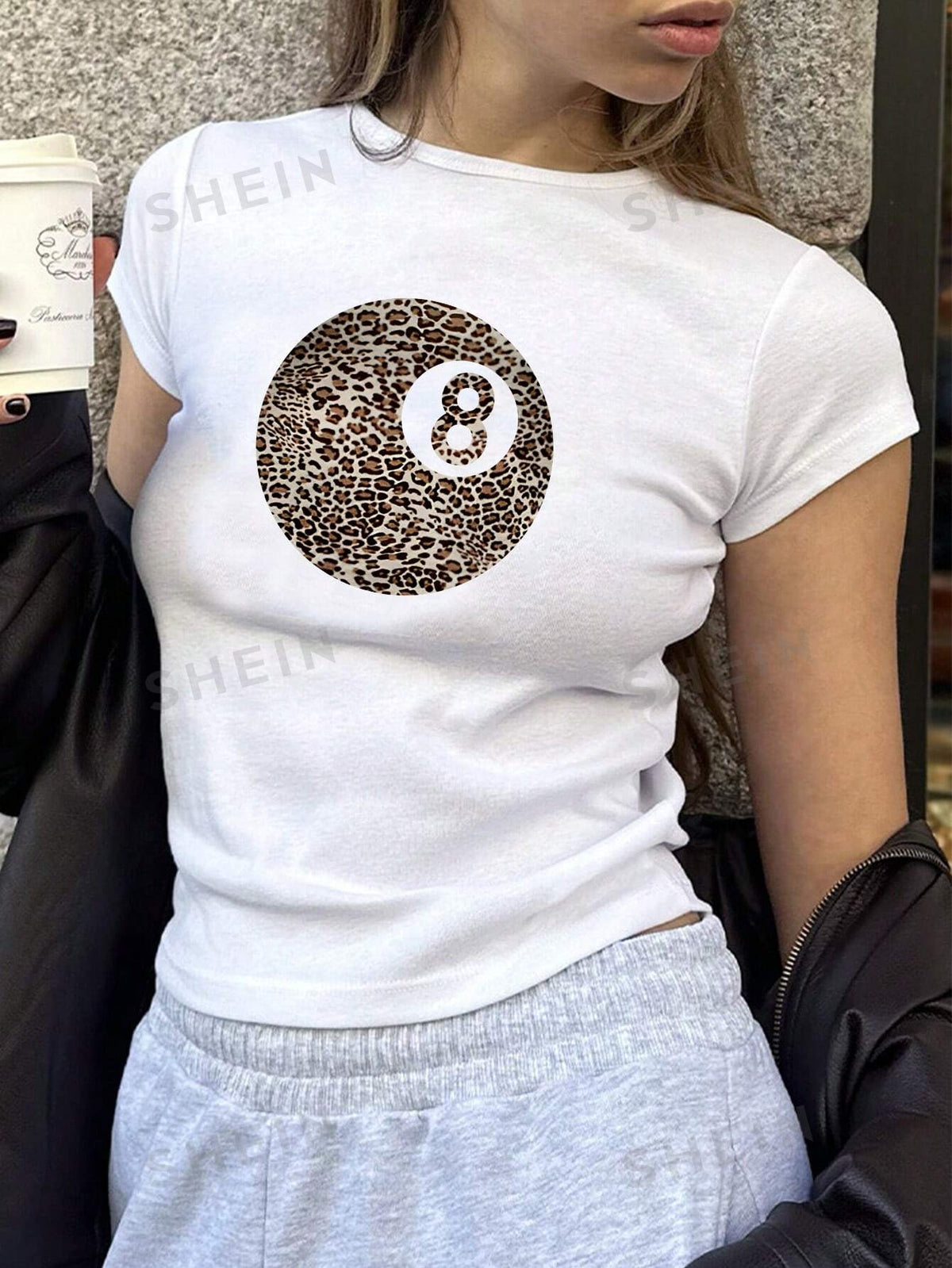 SHEIN EZwear Y2K Leopard Print Billiards Number 8 White Baby T-Shirt