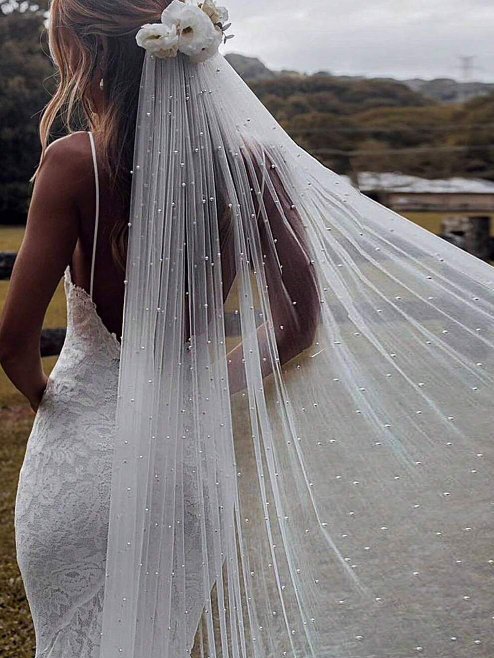 1pc Pearl Bead Embellished Wedding Veil, 1.5m Long, For Bridal