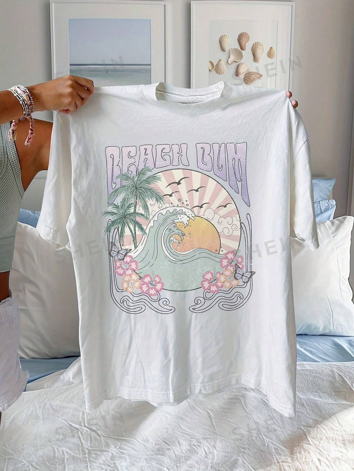 SHEIN LUNE Summer Sunset Beach Pattern Round Neck Women's T-Shirt