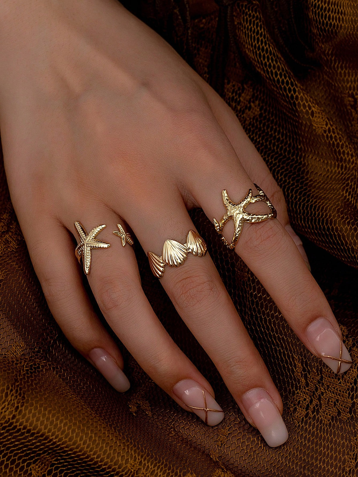 3 Pcs Summer Beach Style Enameled Starfish Open Cuff Ring For Women