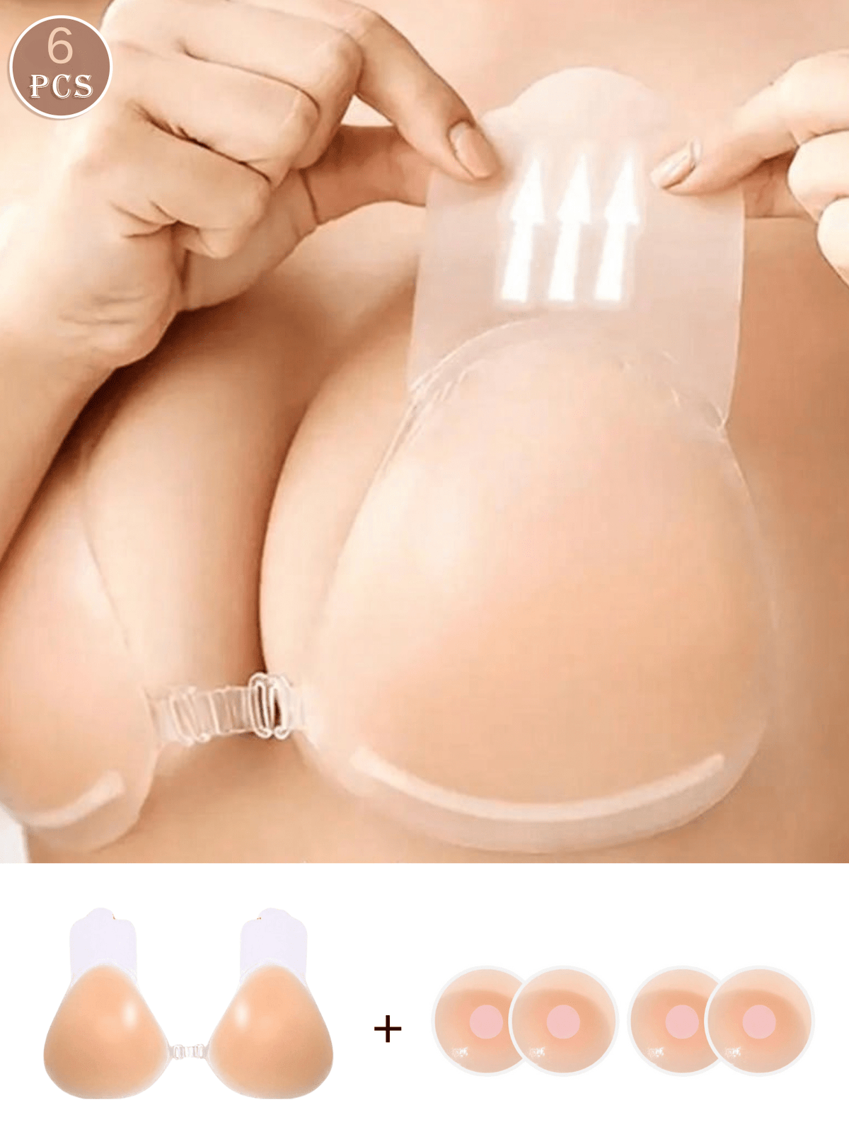 2pcs/1pair Of Silicone Adhesive Bras Paired With 4pcs/2pairs Of Small Nipple Stickers, Strapless Push-Up Lift Backless Bras, Breast Augmentation Invisible Bras, Reusable Adhesive Nipple Stickers, Suit