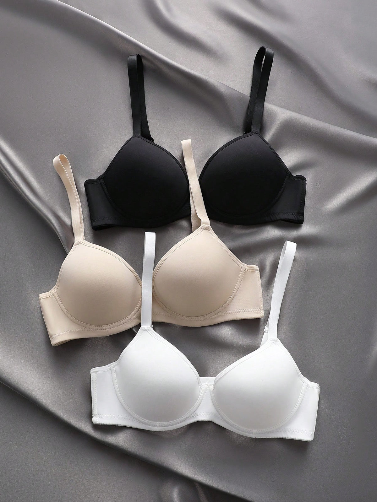 3pcs/Set Women's Solid Color Everyday Wireless Bralettes (Bean Paste, Dark Gray, Apricot)