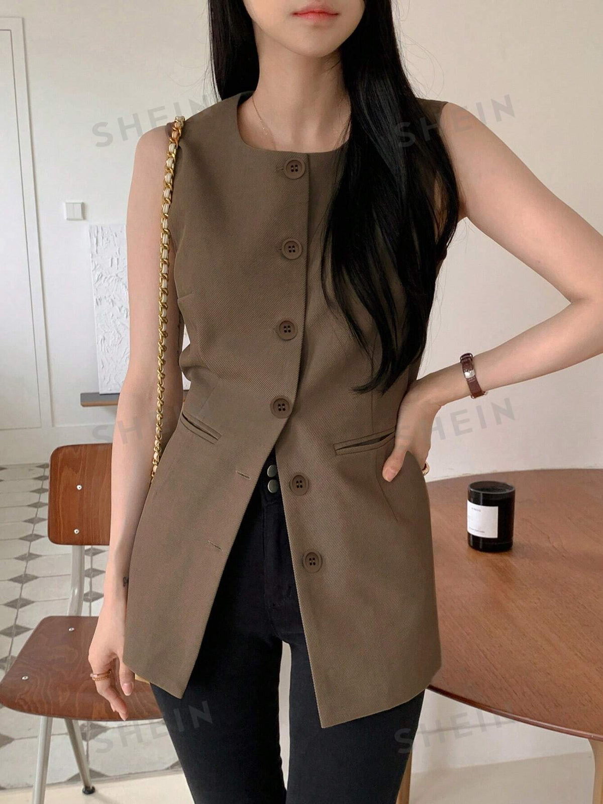 DAZY Solid Button Front Vest Blazer