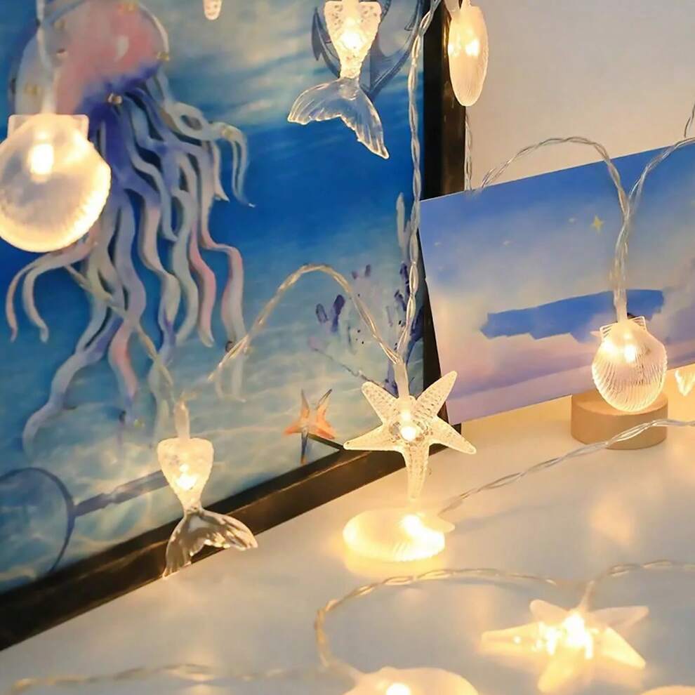 1pc Battery Box Ocean Themed Colorful LED String Light With 10/20/40 LEDs In Shell, Starfish, Mermaid Tail Shapes For Room/Party/Bar/Yard/Wall Decoration