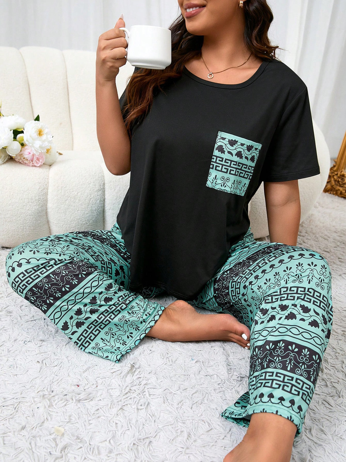 Plus Geo Print Top And Pant Pajama Sets