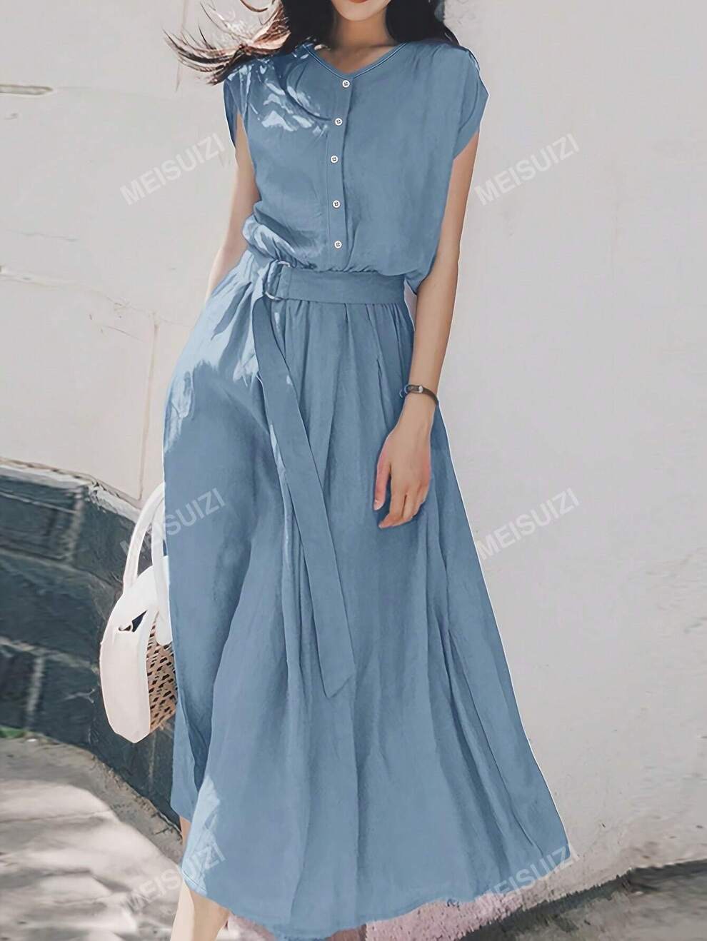 Women's Front Button Short Sleeve Waisted Midi Dress