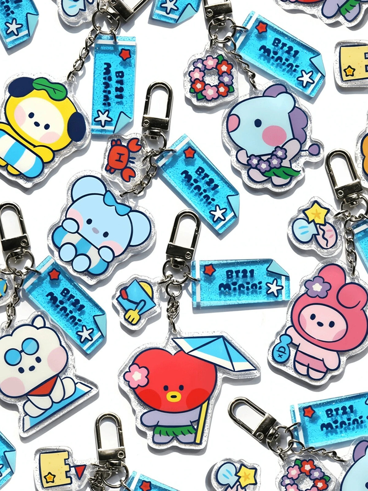 1pc Acrylic BT21 Officially Licensed Cartoon Summer Keychain: Featuring Characters RJ, SHOOKY, KOYA, MANG, CHIMMY, TATA, COOKY. 'BABY' Pendant For Bag Accessories, Funny Jewelry, And Fans Gifts. Ideal