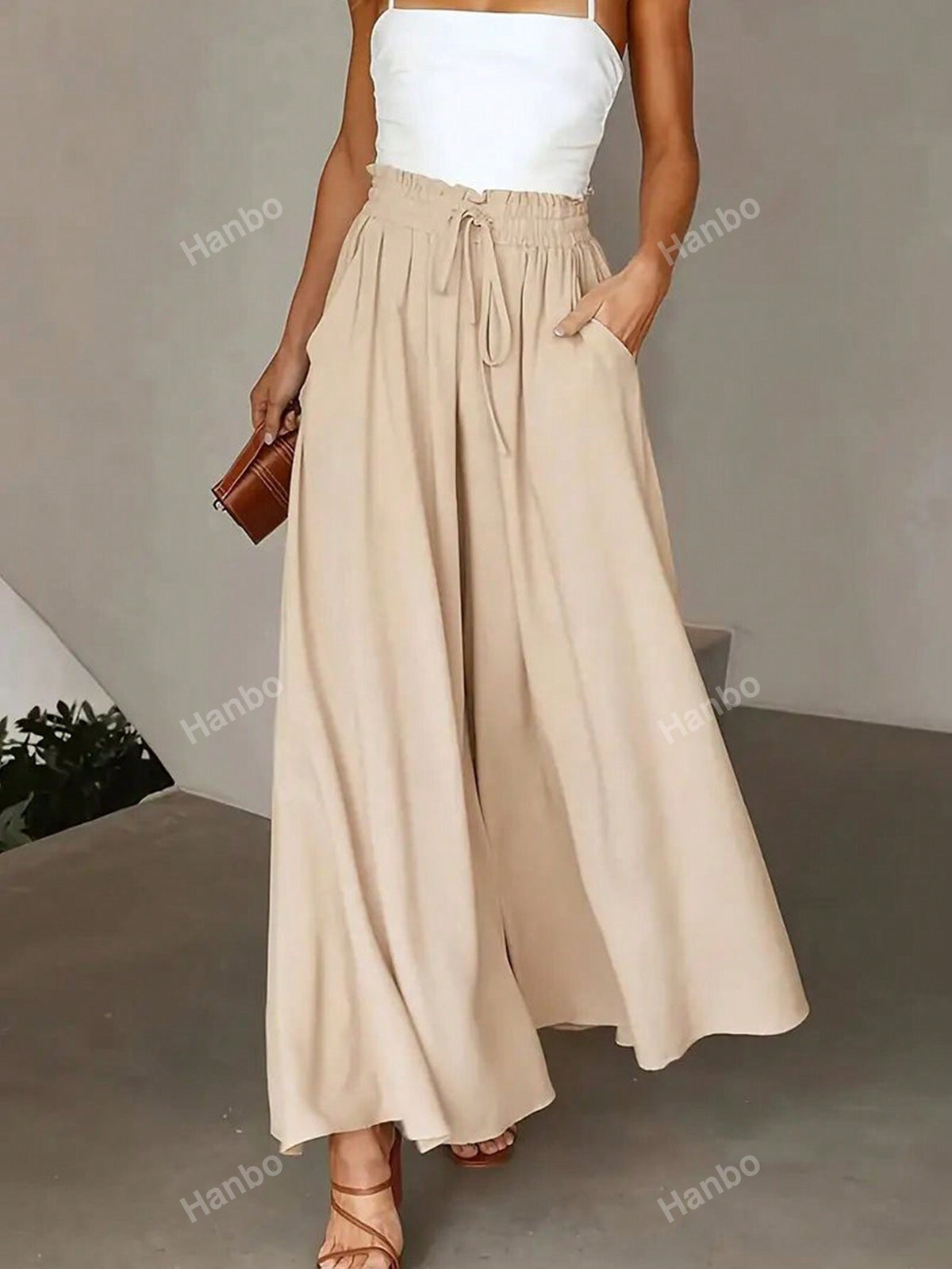 Frill Trim Tie Waist Wide Leg Pants