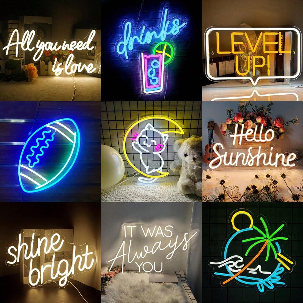 All Your Need Is Love Neon Sign, Drinks Neon Sign, LEVEL UP Neon Sign, Football Neon Sign, Cat On Moon Neon Sign, Hello Sunshine Neon Sign, Shine Bright Neon Sign, It Was Always You Regular Neon Sign,