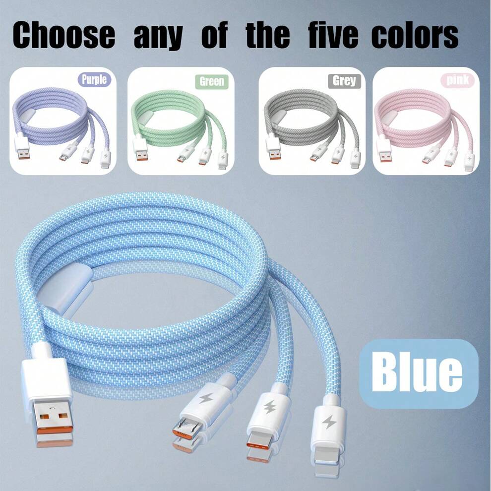 1pc 120W Three In One Fashionable Fast Charging 6A Multi-Color Data Cable (Five Colors Randomly Shipped), Compatible With Huawei/Xiaomi/Redmi/Home/Oppo/Vivo/Oneplus Mobile Phone Charger