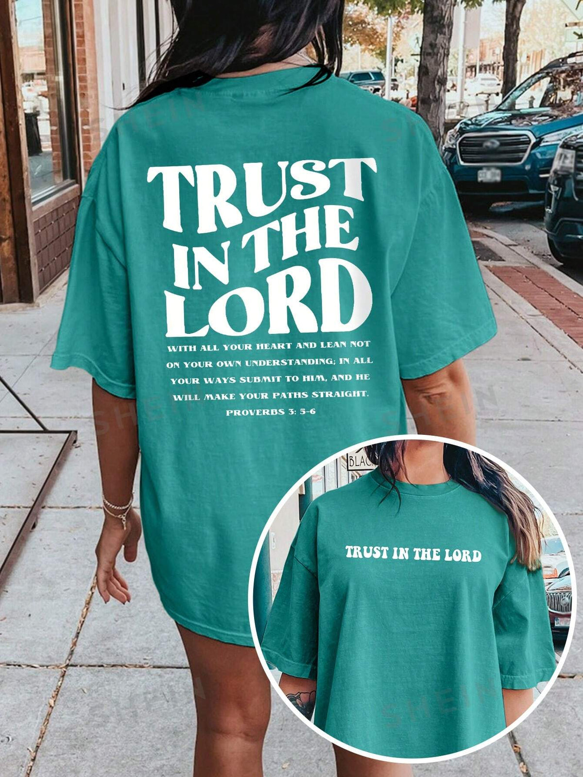 SHEIN EZwear Slogan Graphic Drop Shoulder Tee For Summer TRUST IN THE LORD WITH ALL YOUR HEART AND LEAN NOT ON YOUR OWN UNDERSTANDING IN ALL YOUR WAYS SUBMIT TO HIM, AND HE WILL MAKE YOUR PATHS STRAIG