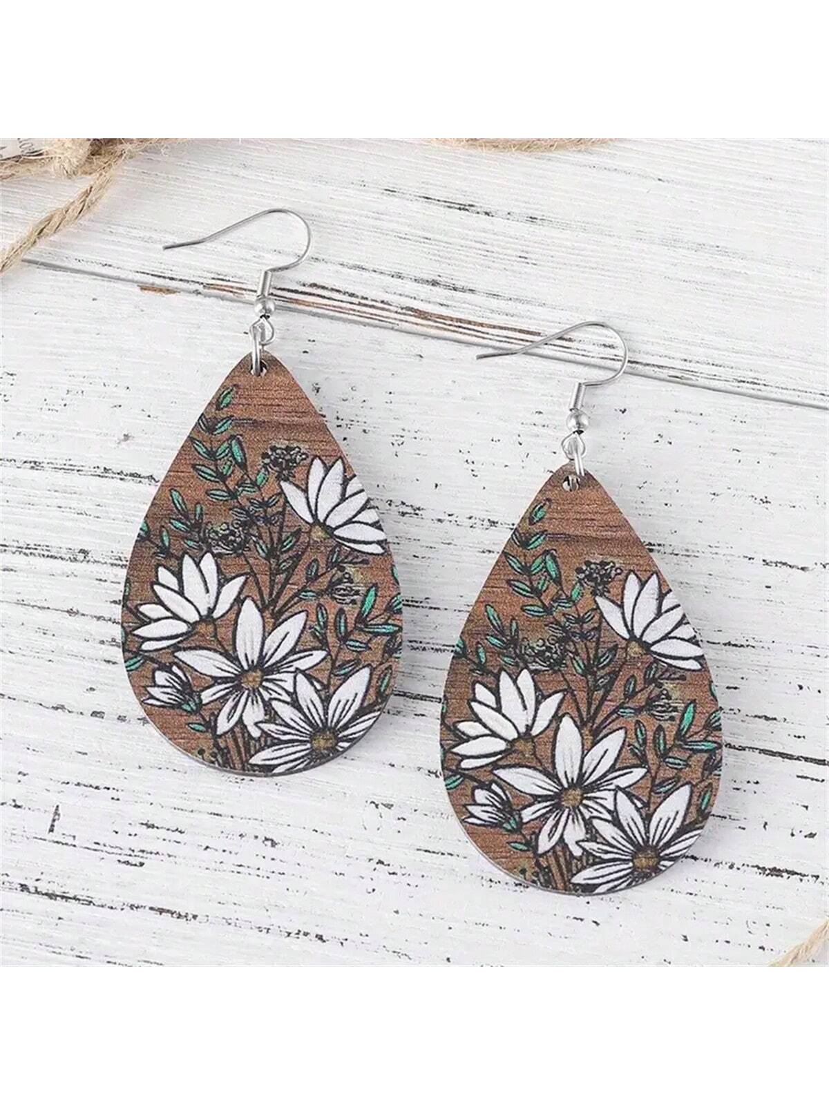 1pair Simple Drop-Shaped Printing Wooden Earrings With Western  Flowers, Fashionable Jewelry For Girls To Wear, Holiday Gifts