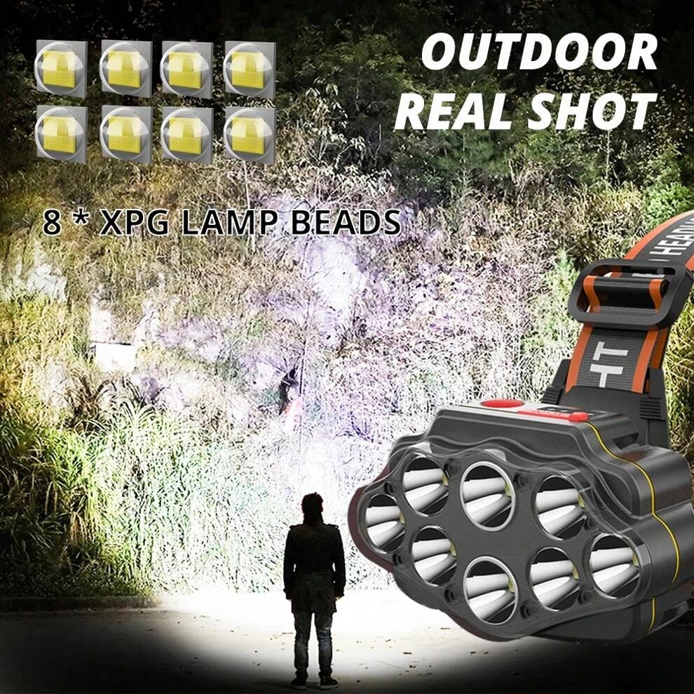 1PC Powerful 8*XPG LED Headlamp Strong Light Headlights USB Rechargeable Built In Battery Outdoor Camping Fishing Lamp Head Flashlight Emergency