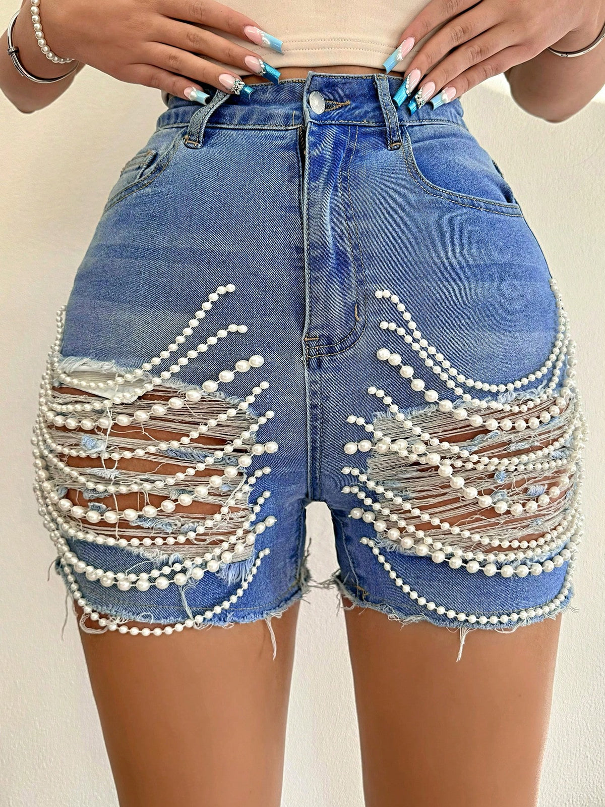 SHEIN Tall Women's Sexy Pearl Chain Distressed Denim Shorts, Blue