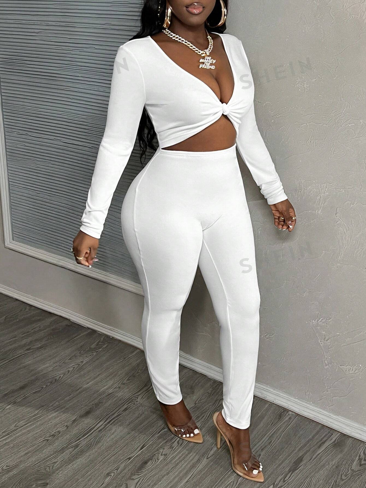 SHEIN Slayr Autumn Casual Simple V-Neck Kink Design On The Front Waist Long-Sleeved Slim Trousers German Velvet Knitted Fabric Brushed White Women's Tight Jumpsuit-E