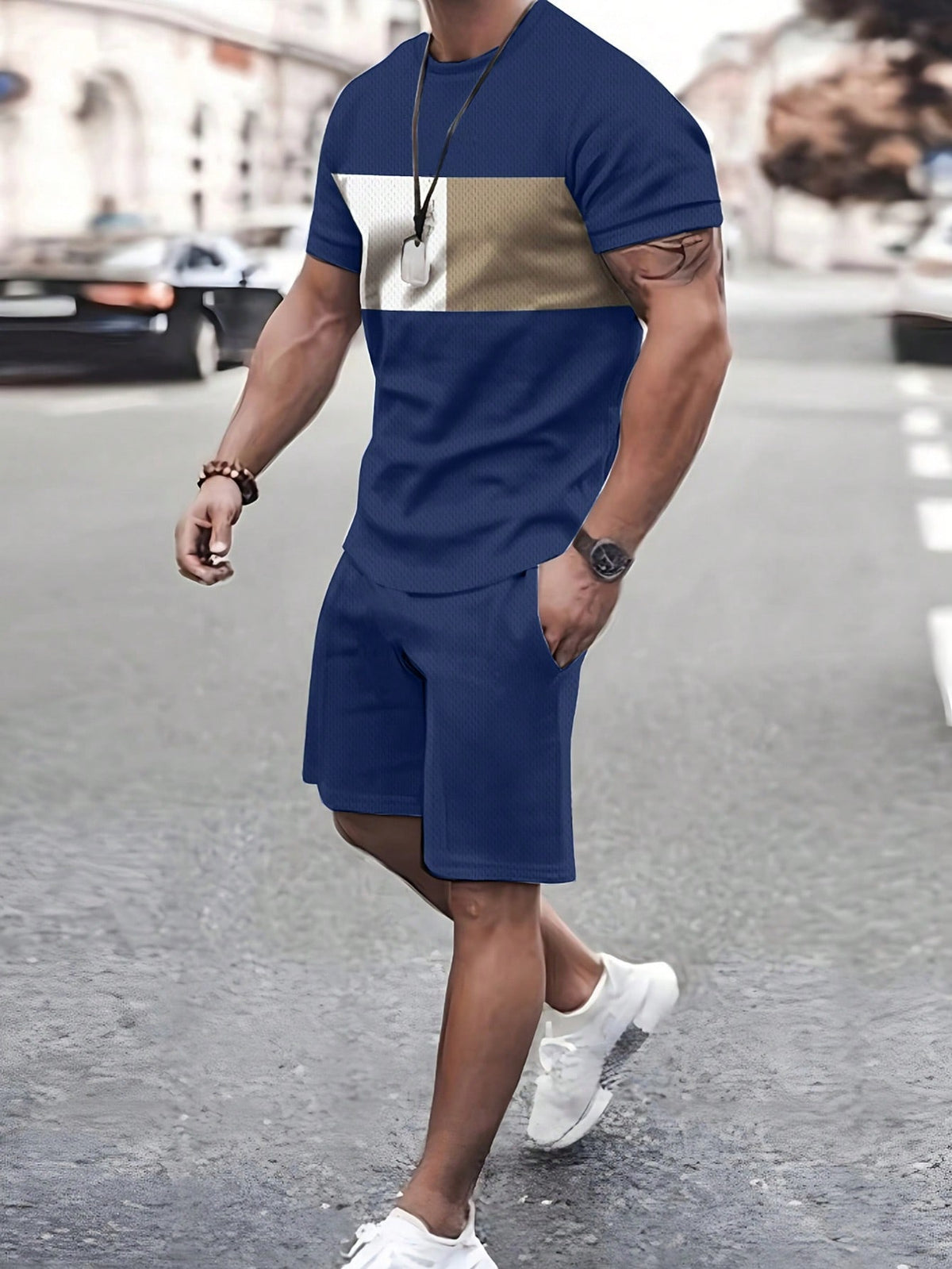 Men's Summer Color-Block Round Neck Short Sleeve Casual T-Shirt And Shorts Set