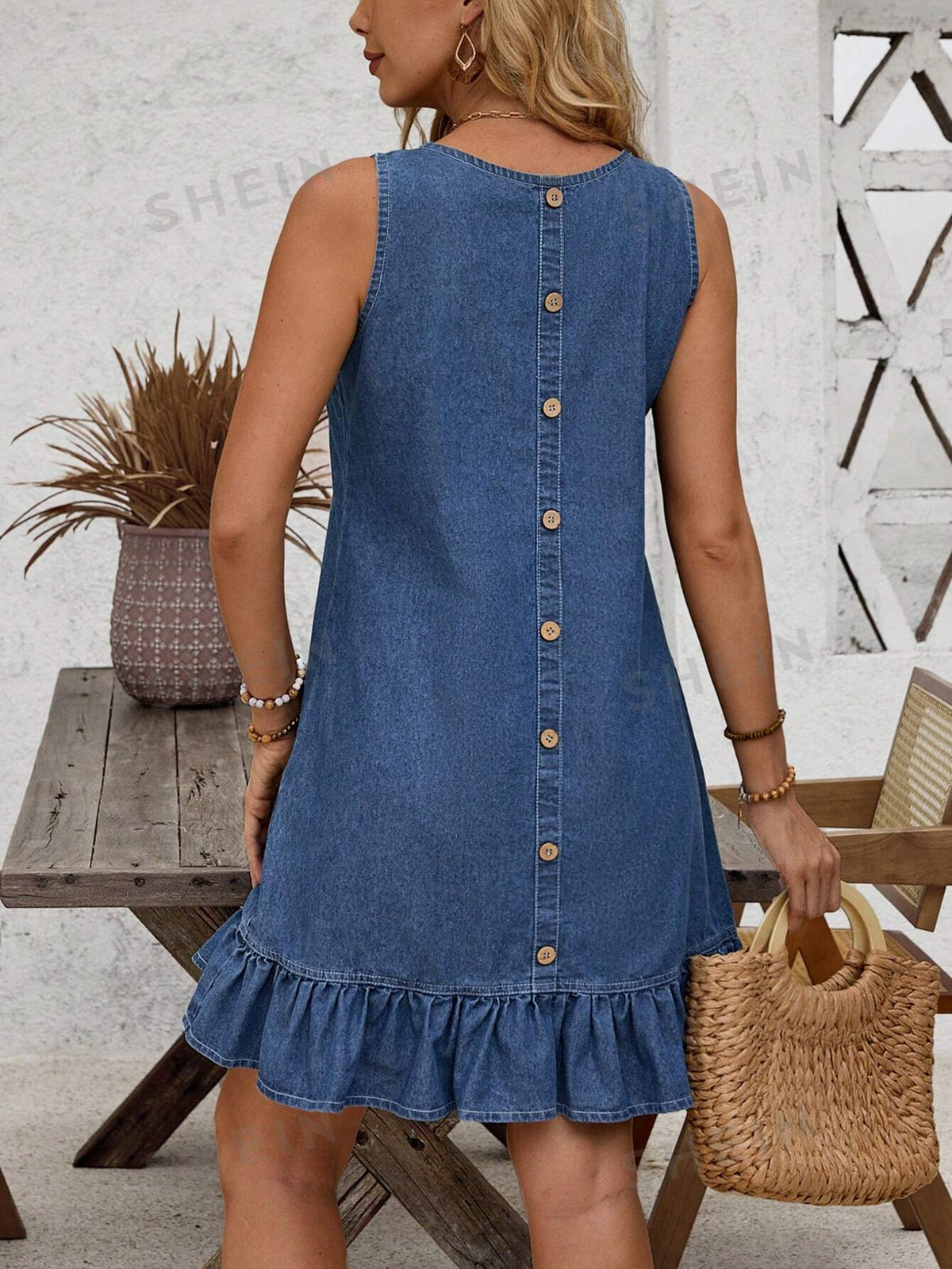 SHEIN LUNE Button Back Ruffle Hem Denim Dress