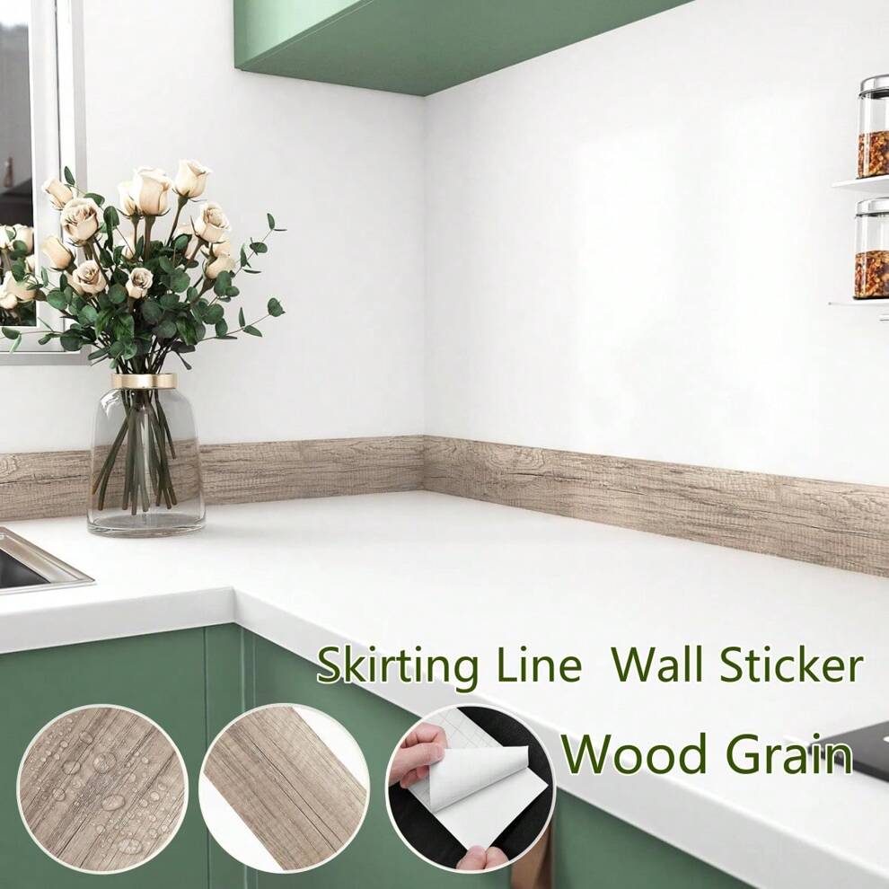 1 Roll 10cmx5m Self-Adhesive Wood Grain Skirting Line Wall Sticker For Living Room And Bedroom Decoration