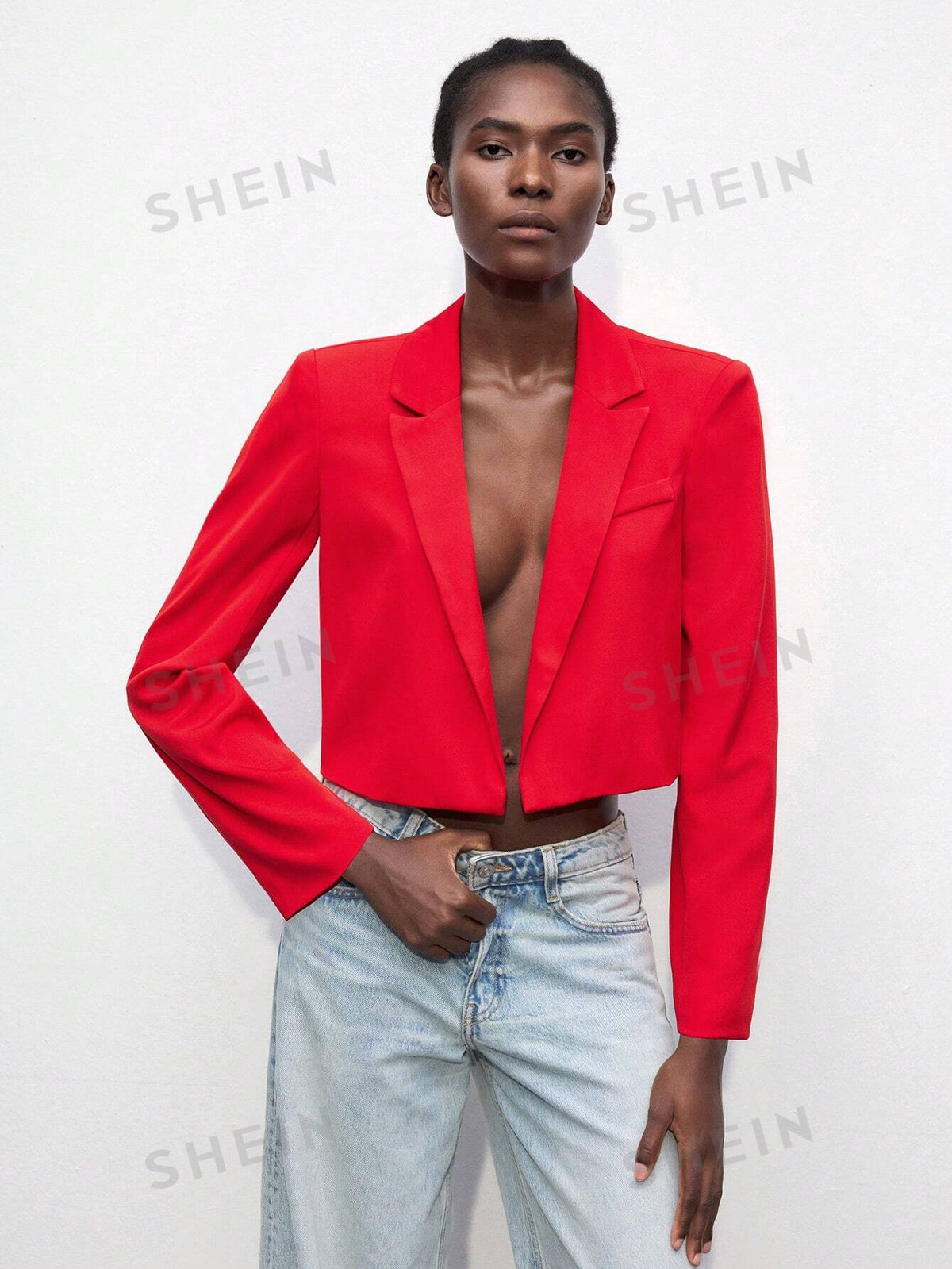 SHEIN Maija Autumn Red Long Sleeve Loose Fitting Lapel-Less Minimalist Urban Chic Blazer