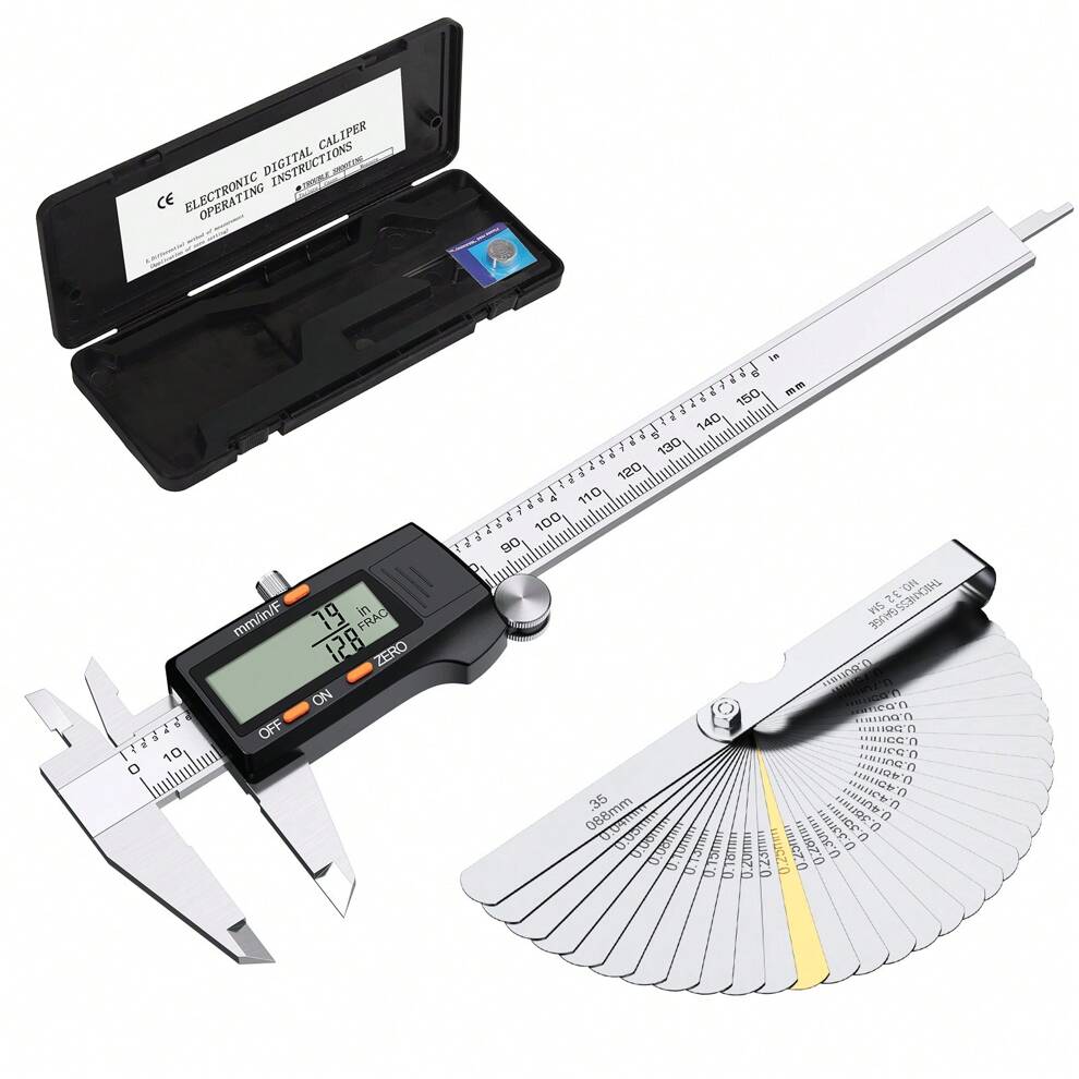 Digital Vernier Caliper + Feeler Gauge 150mm/6Inch Stainless Steel Body Electronic Caliper Fractions/Inch/Metric Conversion Measuring Tool For Length Width Depth Inner Diameter Outer Diameter