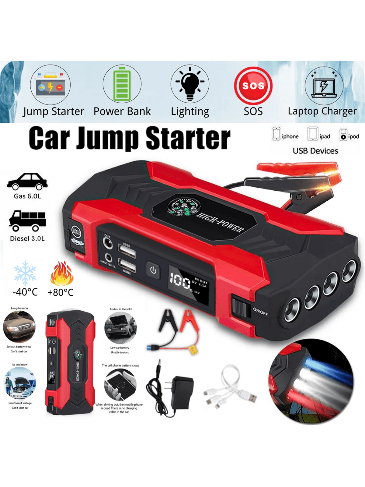 12V Car Battery Jump Starter, 400A Jump Box Portable Car Jump Starter Battery Pack (6.0L Gas/3.0L Other) Car Jumper Starter With Power Adapter, 3 LED Lights Modes