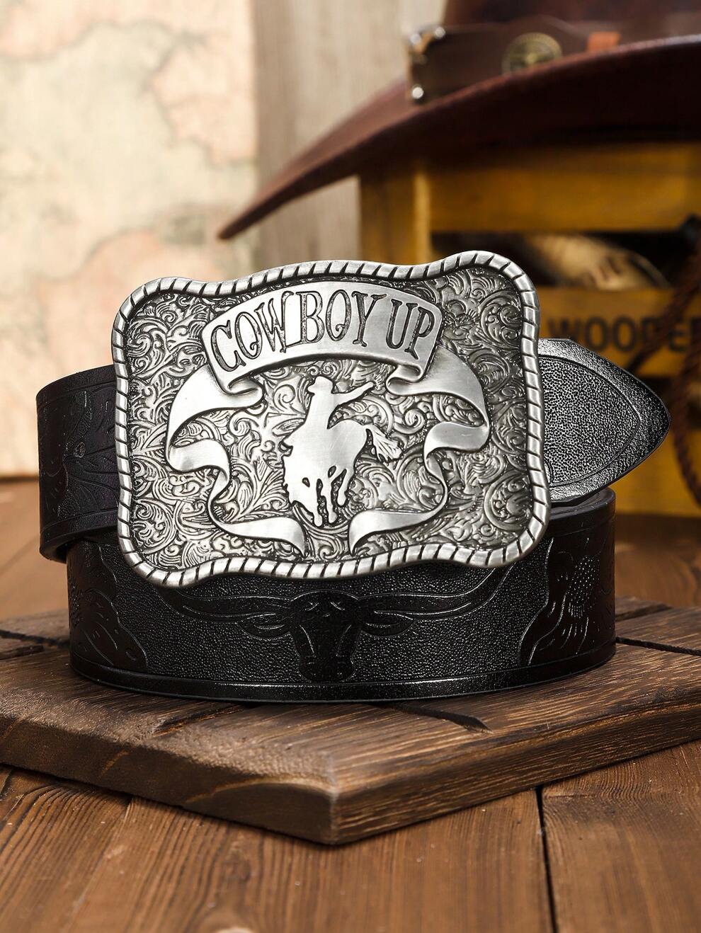 1pc Fashionable Funky Fantasy Bold Heavy Metal Embossed Black PU Leather Cool Rock Grunge Vintage Gothic Style Square CowBoy Western Buckle Y2K Men's Belt Young Boy For Parties,Proms, Sparkling Decora