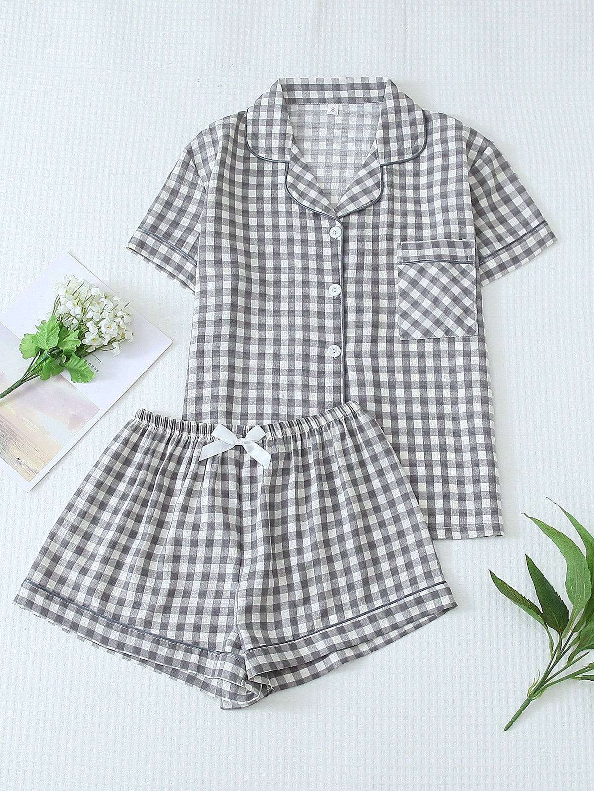 2pcs Women's Plaid Print Pajama Set, Short Sleeve Button Collar Top And Shorts, Casual Summer Sleepwear