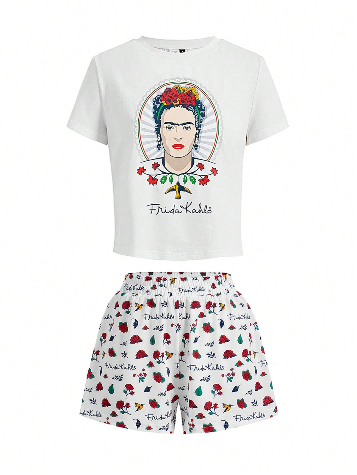 Frida Kahlo X SHEIN Women Summer Flowers Pajama Top & Shorts & Pants PJ Set Sets