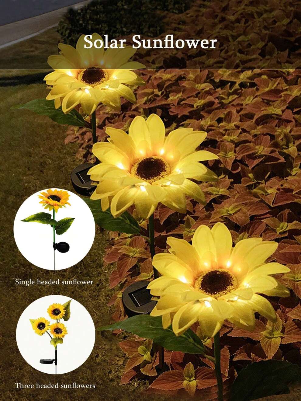 LED Solar Sunflower Lamp Outdoor, 1 Head Or 3 Heads Sunflower Shaped Ground Plug Landscape Light, Simulation Flower Decor For Garden, Villa, Park, Lawn, Holiday Atmosphere