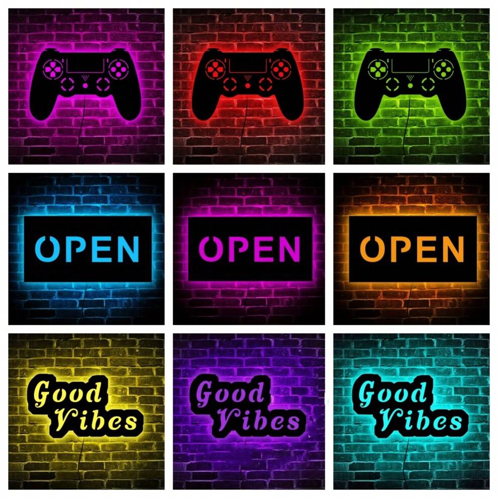 OPEN GOOD VIBES GAMEPAD Neon Sign,USB-Powered LED Neon Light, Decorative LED Atmosphere Light, Suitable For Wedding Birthday Party Holiday Man Cave Bar Bedroom Games Room Home Wall Decoration