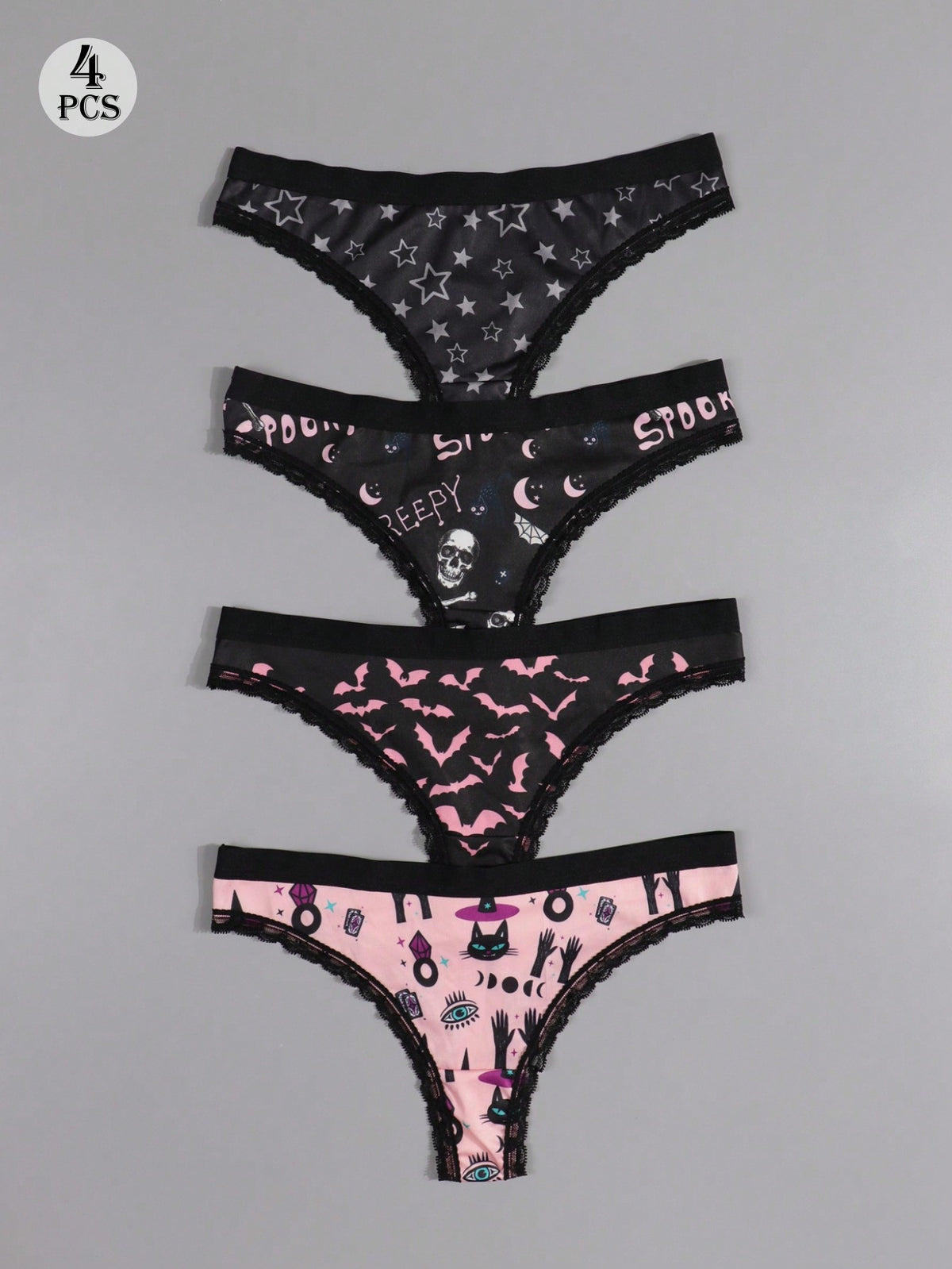 4pcs Sexy Cute Gothic Women Contrast Lace Thongs, Halloween Black Pink Skull & Bats & Cats & Creepies Allover Print Comfy Silky Intimates Panties, Women's Underwear & Lingerie