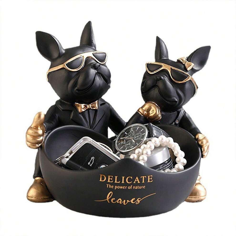 Handmade Double Bulldog Storage Decoration Trinket Key Tray Resin Sculpture Art Craft, Suitable For Bookshelf Home Living Room Office Cabinet Decor, Room Desk Entrance Decoration, Valentine's Day/ New