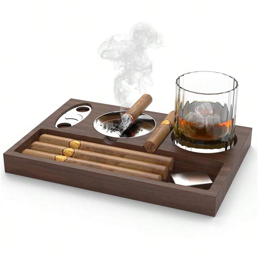 1pc Wooden Cigar Ashtray, Storage Shelf Tray With Cutter, Whiskey Tray, Organizer For Men's Cigar Accessories Gift Set