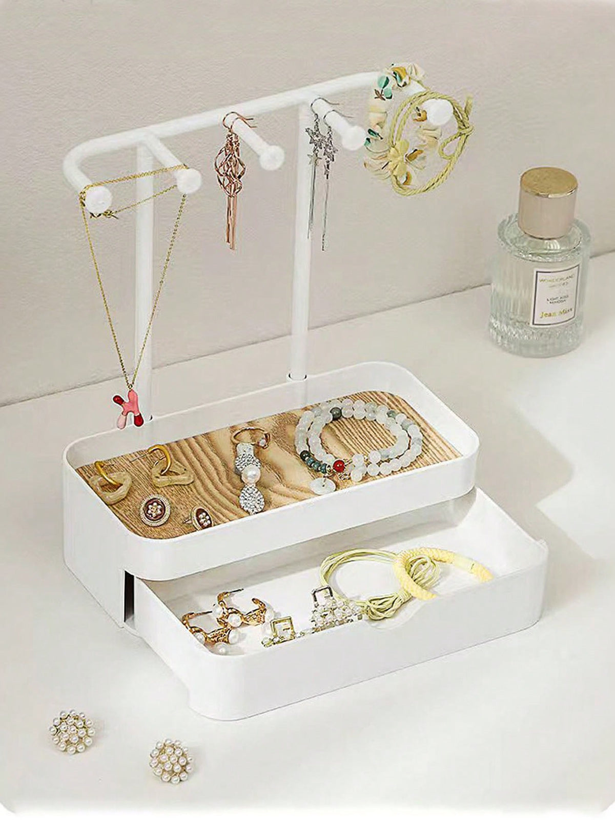 Double Layer Jewelry Display Stand With Drawer For Hanging Earrings, Necklaces, Bracelets And Storing Rings, Keychains, Hair Ties, Iron Art Wall Decor And Wooden Tray