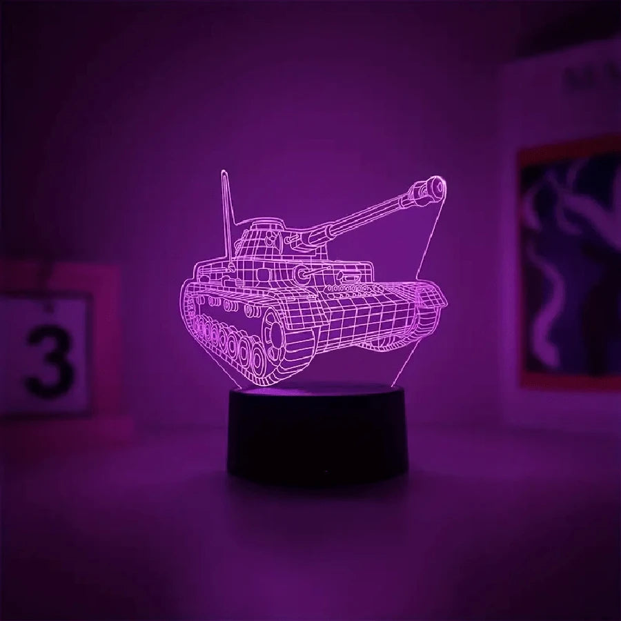 1pc Acrylic Board 3D Night Light, Tank Shaped Bedside Lamp, Small Table Lamp, With Black Base And 7-Color LED Decorative Light