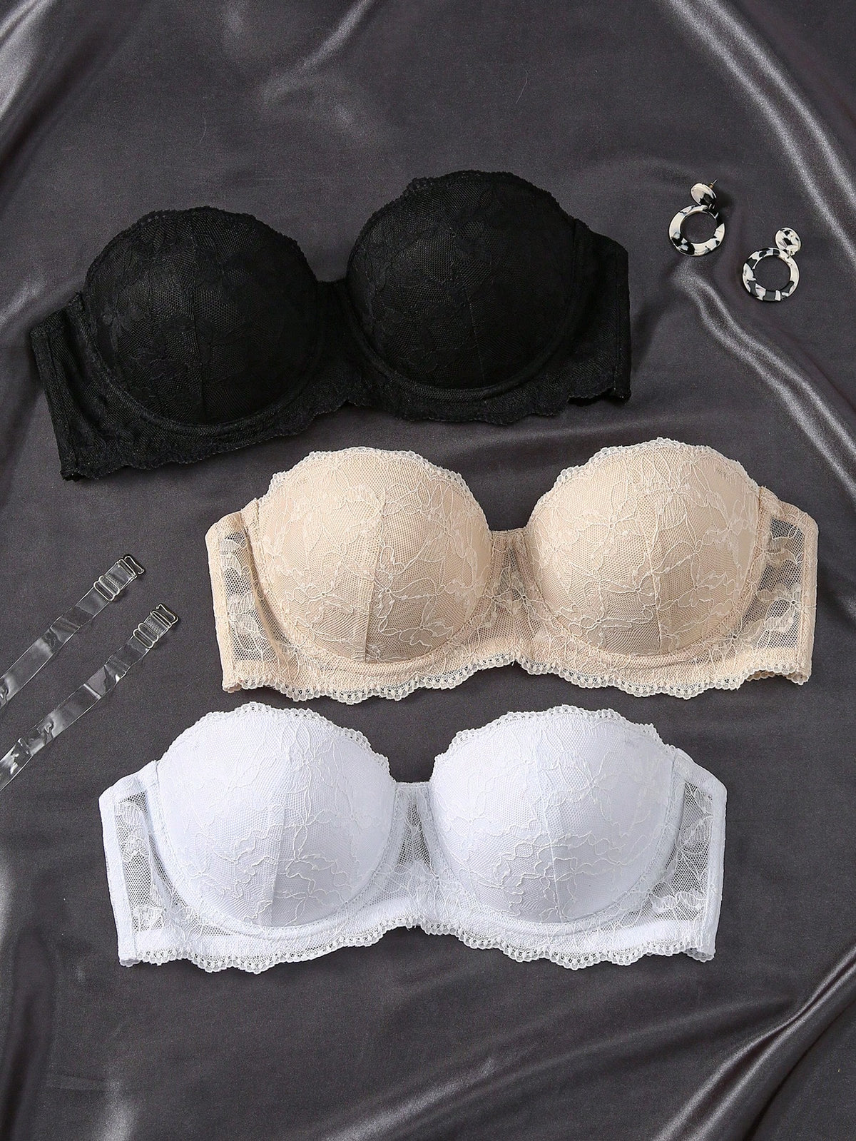 3pcs Romantic & Sexy Strapless Lace Bandeau Bra For Summer With Anti-Slip Design, Including Invisible Shoulder Straps For Versatile Styles