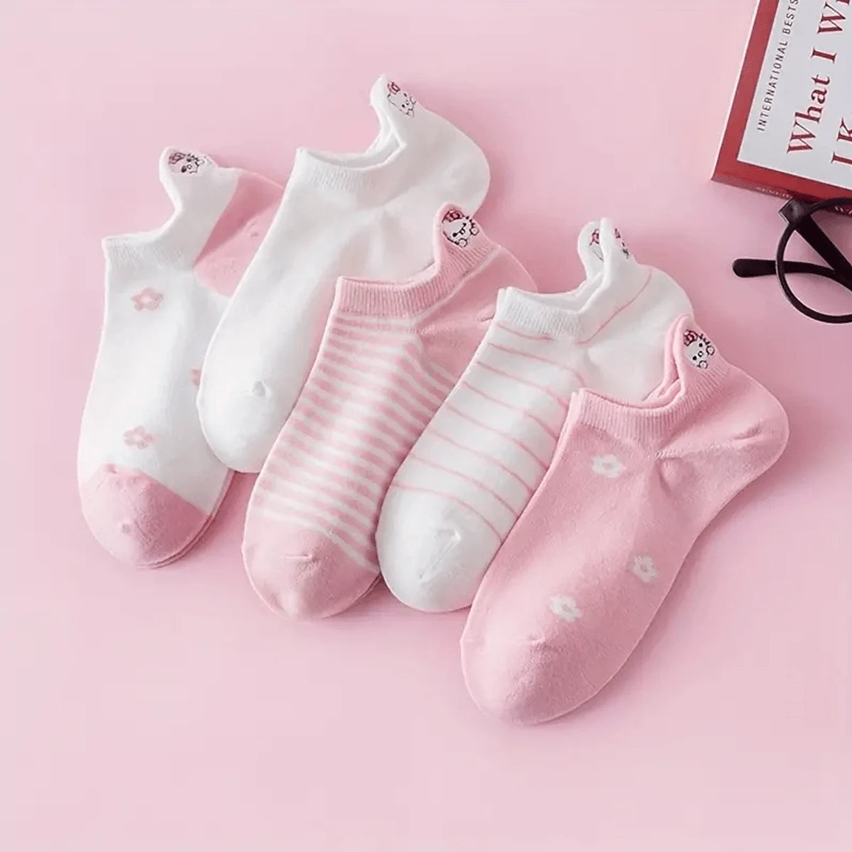 Kawaii Embroidery Pink Socks Random Style Kawaii & Breathable Low Cut Ankle Socks Women's Hosiery Hello Kittys Kitty Cat (Some Parts May Be Random)