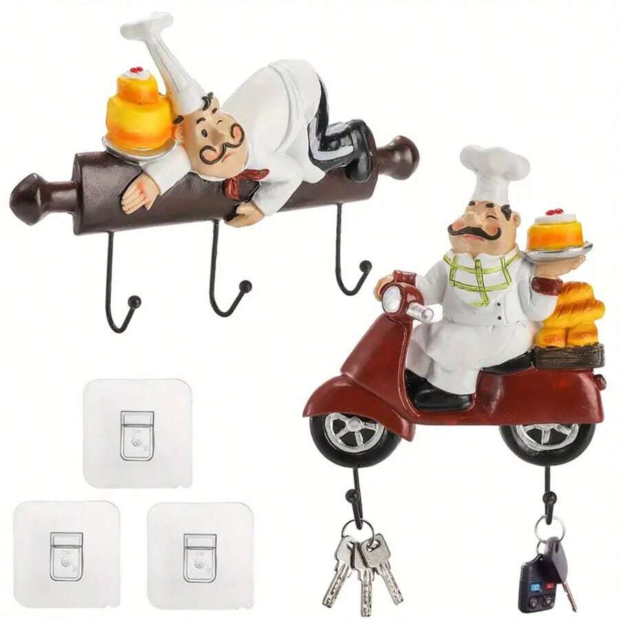 Chef Wall Hooks, Adorable Wall Sticky Key Holder, Heavy Duty French Chef Statue Kitchen Decoration, Hats, Gloves, Aprons Great Decoration For Home, Bathroom, Kitchen, Kindergarten, Gift For Housewarmi