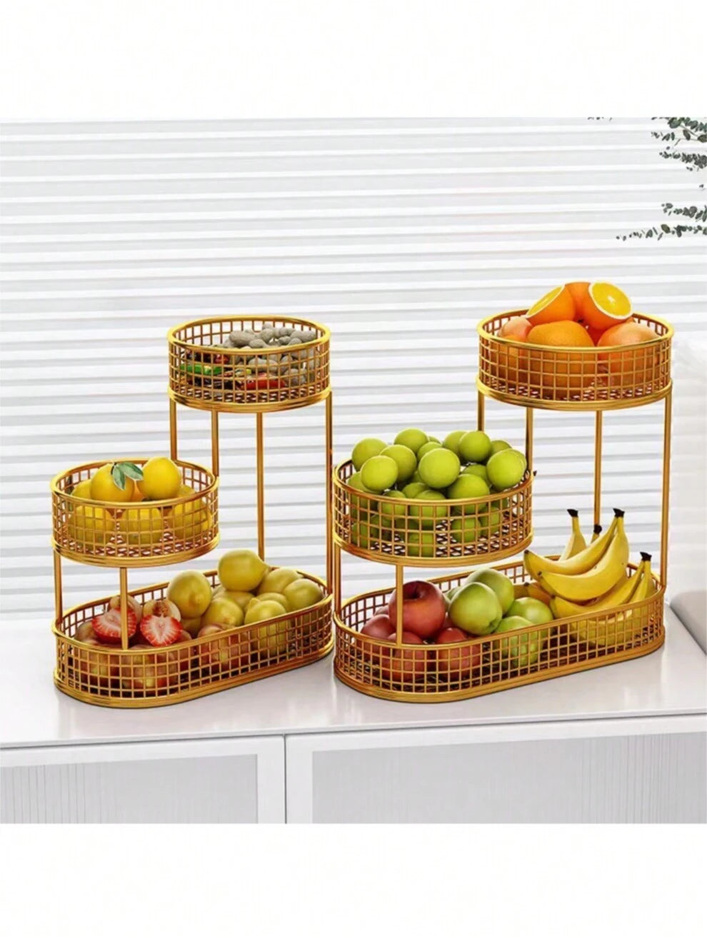 Iron 3-Tier Countertop Fruit Vegetables Basket Bowl Storage, Gold/Black