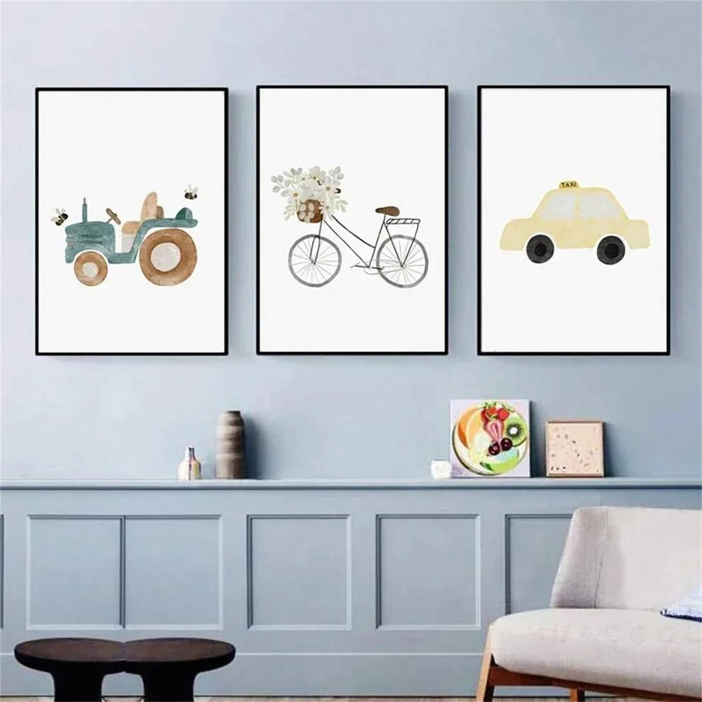 1PC Nursery Wall Art Children's Prints Cartoon Bear Forklift Excavator Car Mud Truck Poster For Kids Room Baby Decor Canvas Painting-Frameless