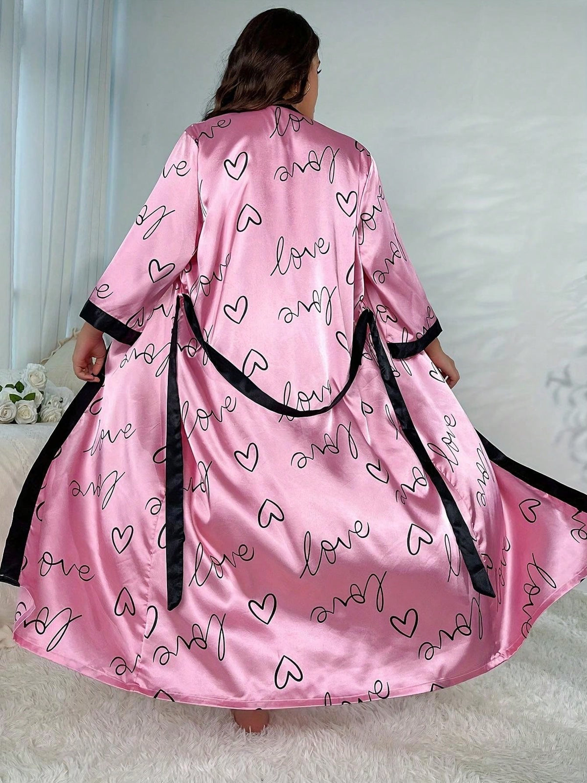 1pc Plus Size Women's Thin Belted Silk Long Sleepwear Robe, Fashionable & Elegant Loose Nightgown With Random Print, Suitable For Home Use