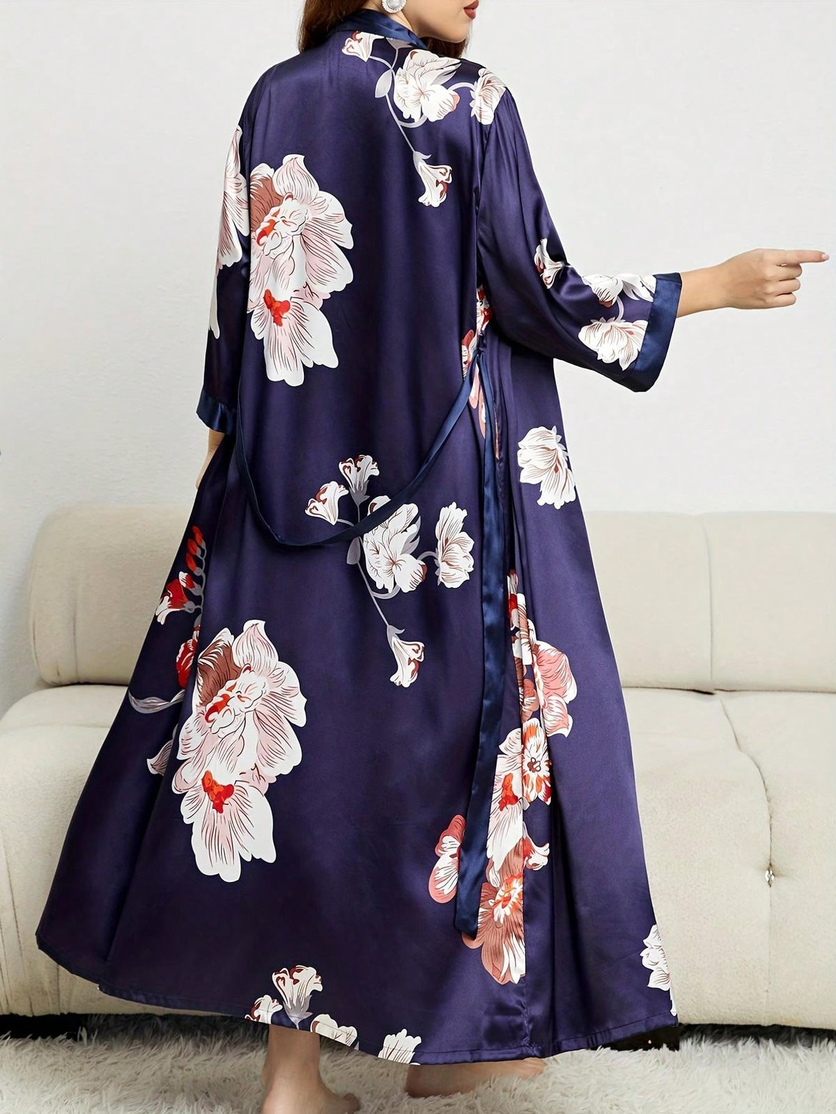 1pc Plus Size Women's Thin Belted Silk Long Sleepwear Robe, Fashionable & Elegant Loose Nightgown With Random Print, Suitable For Home Use