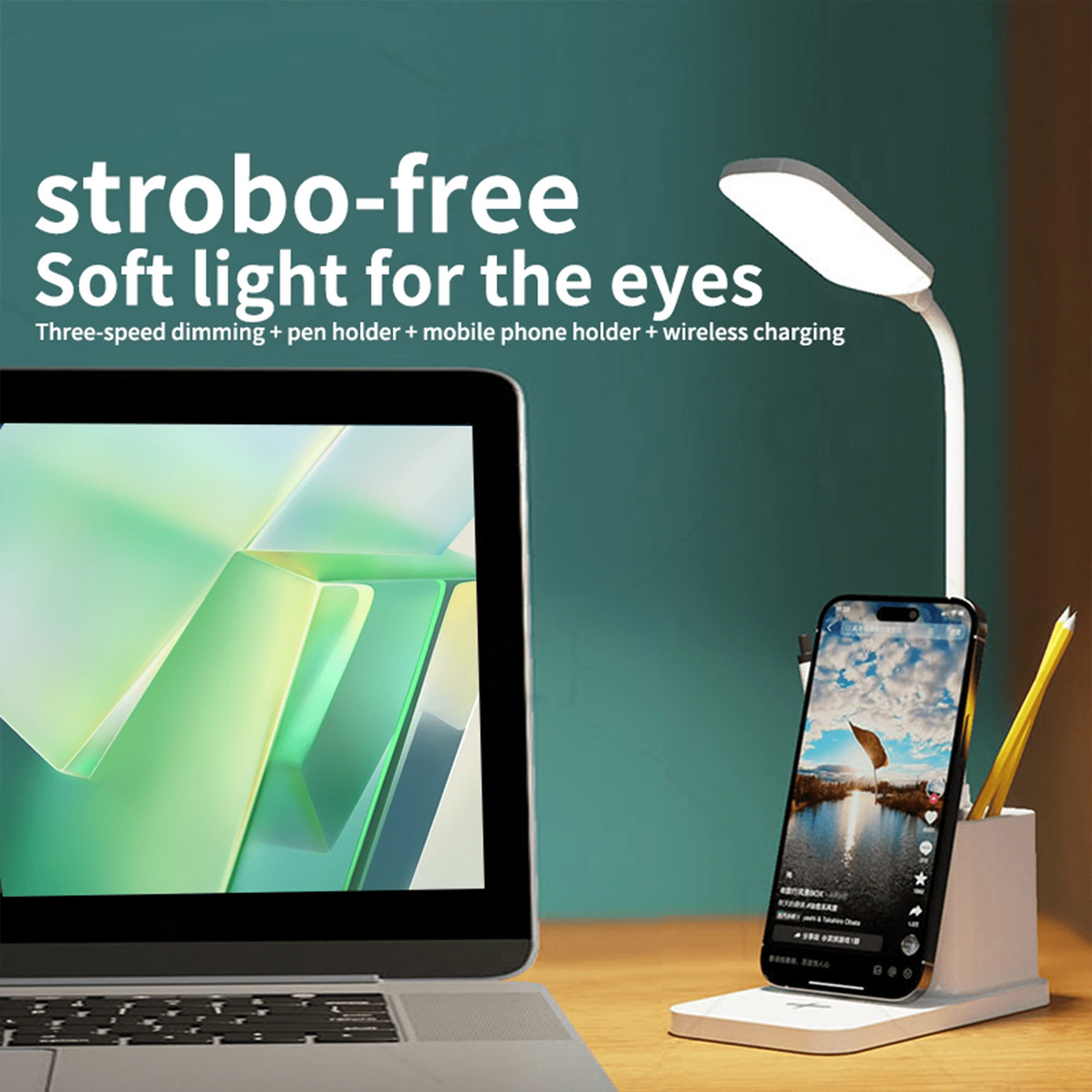 1pc 20W New Creative USB Powered Eye-Care Desk Lamp & Pencil Holder, Dual-Purpose Student Study Lamp With Mobile Phone Wireless Charging Function, Suitable For Dormitory Desktop