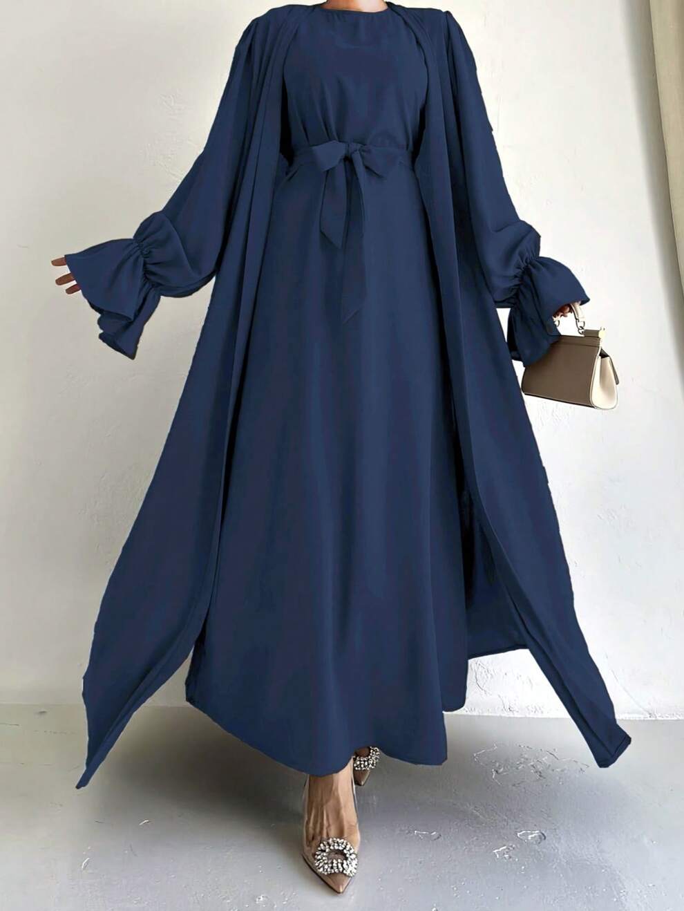 1 Set Nida Cloth Open-Front Sleeveless Abaya, With Belt, Breathable And Comfortable, Suitable For Daily Wear For Women