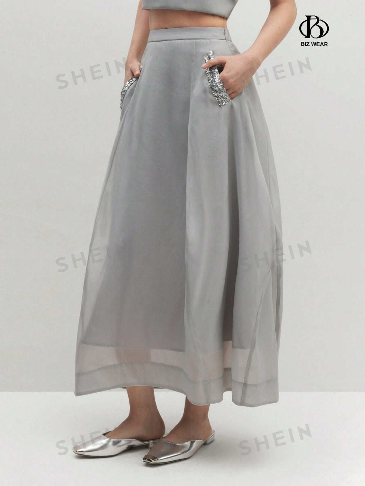 SHEIN BIZwear Grey High Waisted Pocket Decor Organza Flounce Hem Office Lady Summer Skirt