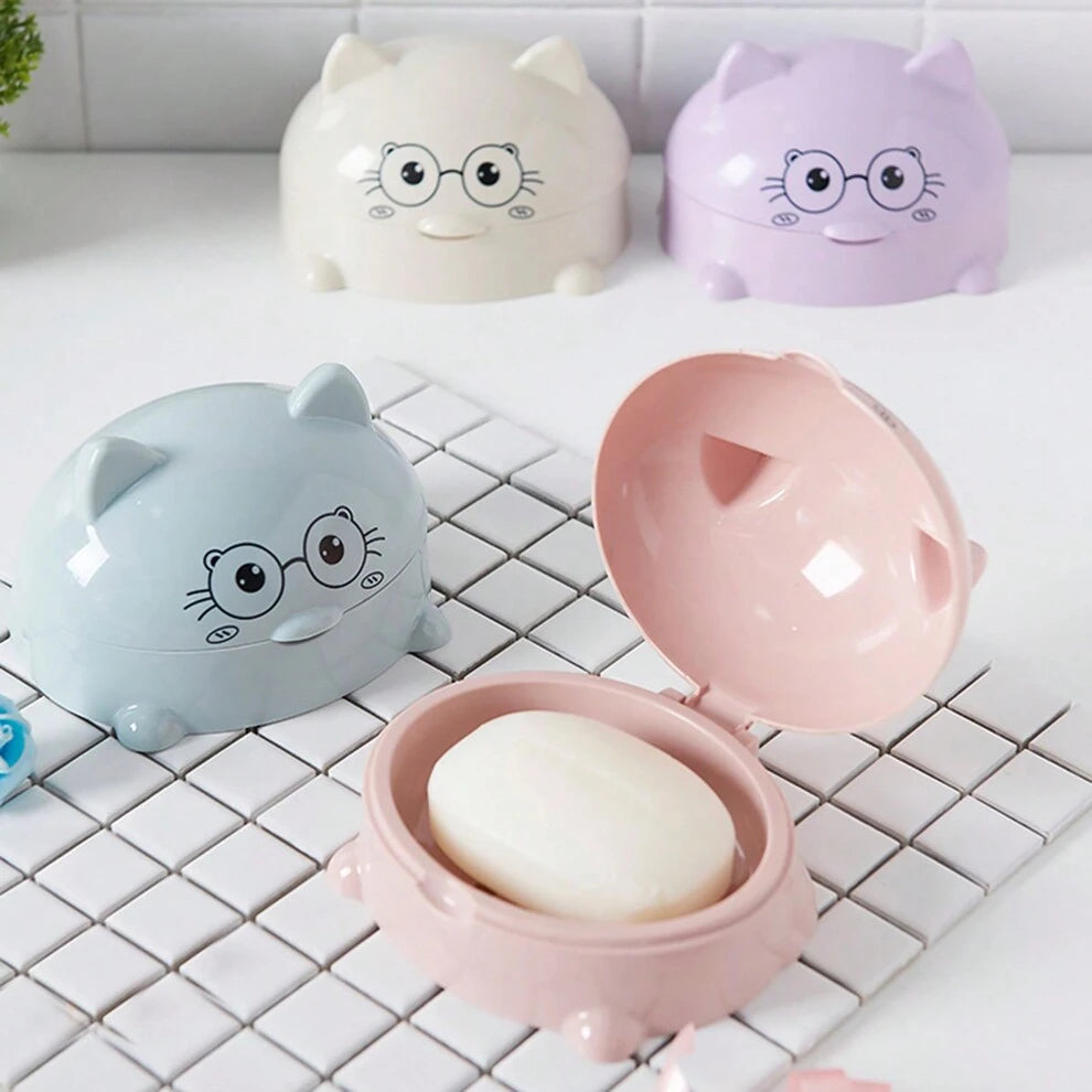 1pc Cartoon Soap Dish With Lid And Drainage, Plastic Soap Holder