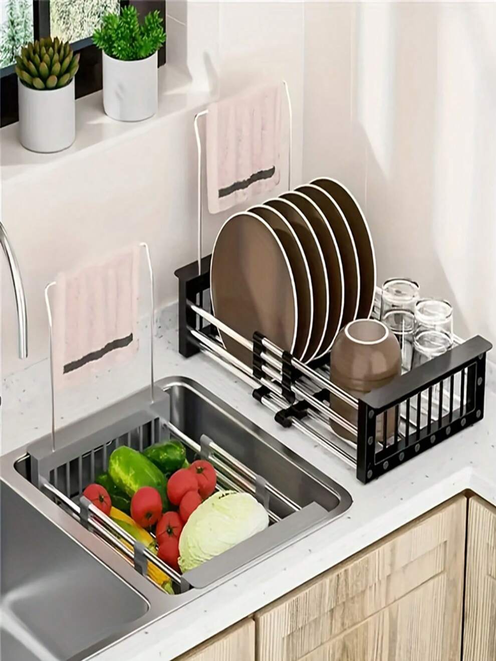 Kitchen Sink Draining Rack Stainless Steel Telescopic Drying Holder For Cookware And Tableware