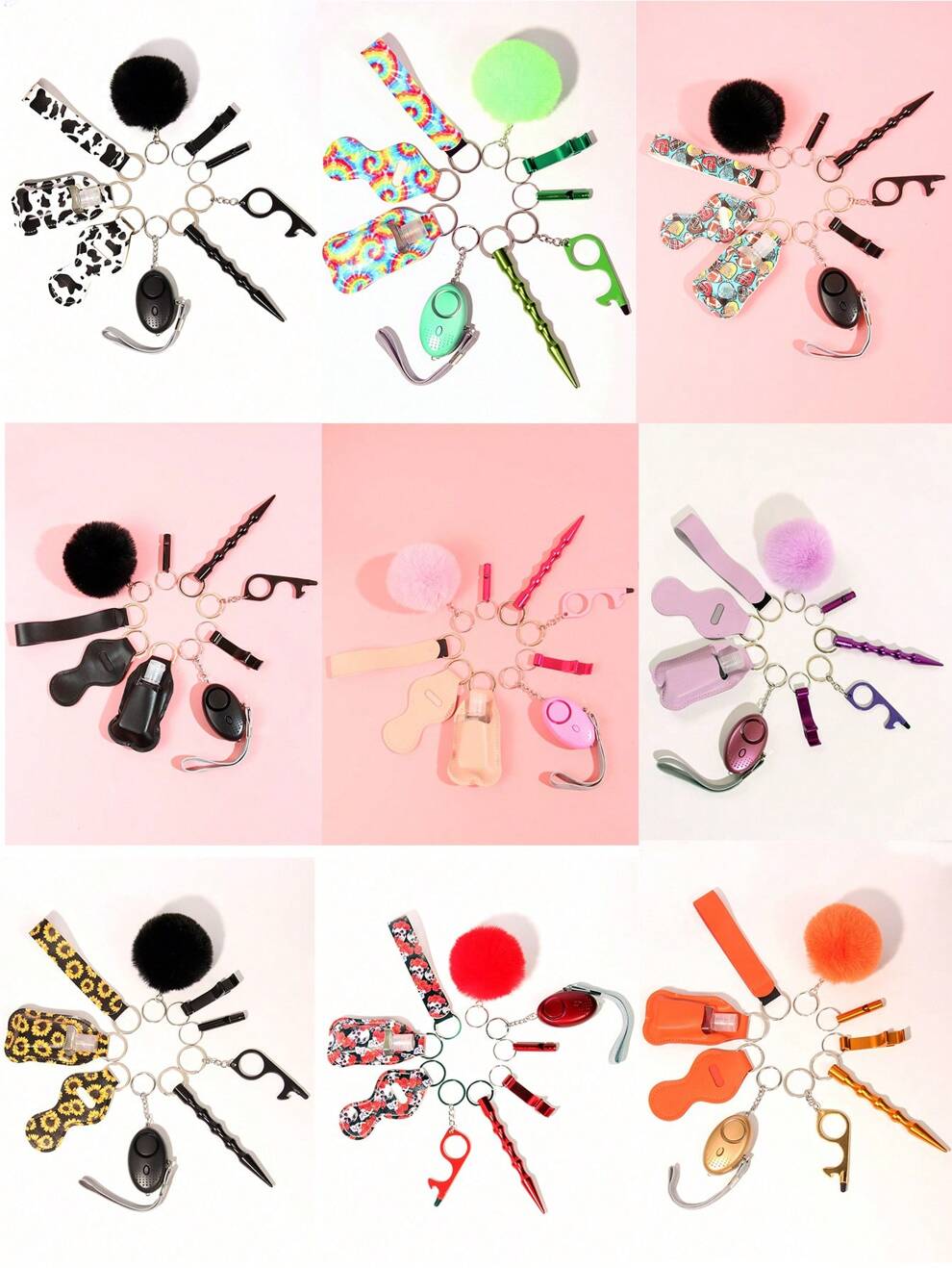 9pcs Women Personal Safety Keychain Set - Includes Keyring, Alarm, Pom Pom, Window Breaker, Whistle