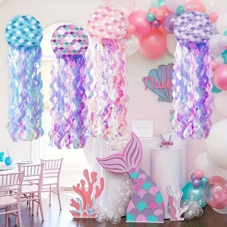 1pc Ocean Themed Lantern Decoration, Mermaid Jellyfish Paper Lantern, Birthday Party Decor