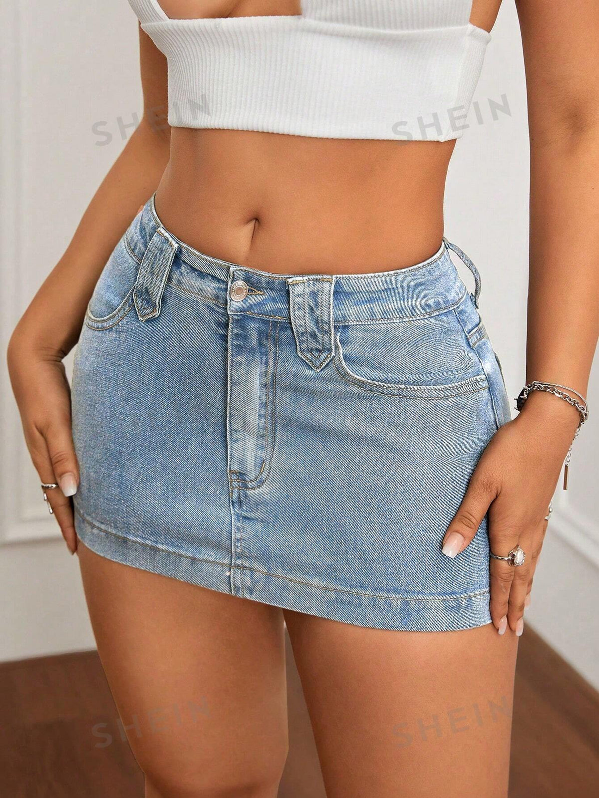 SHEIN ICON Summer Sexy Slim Washed Denim Mini Skirt